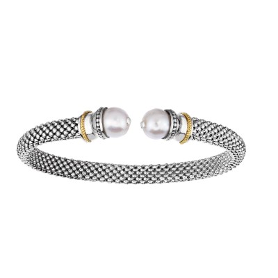 Silver And 18Kt Gold  Textured Popcorn Cuff Bangle  With Ball White Pearl