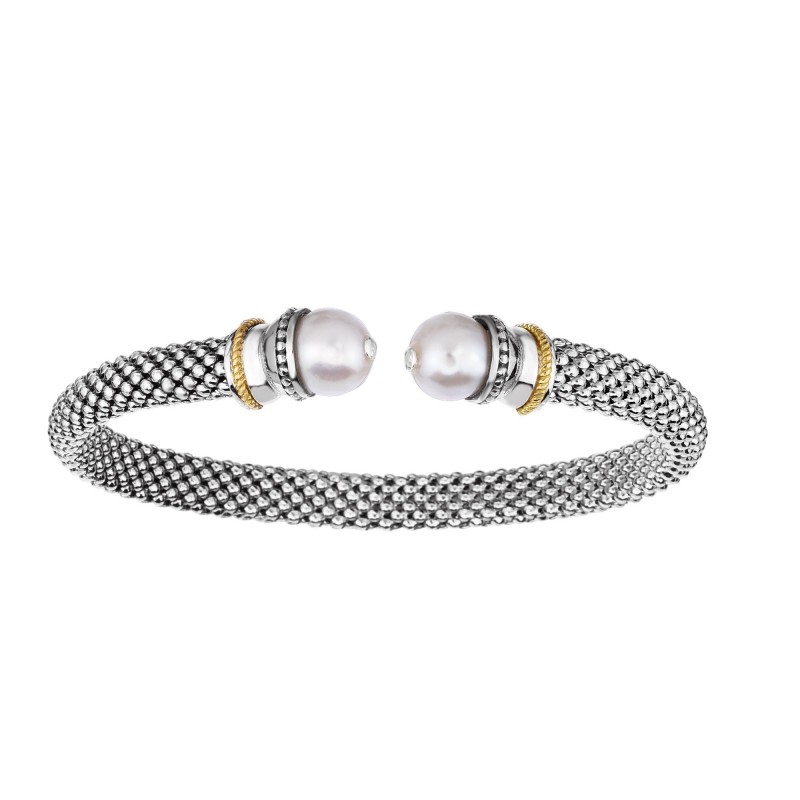 Silver And 18Kt Gold  Textured Popcorn Cuff Bangle  With Ball White Pearl