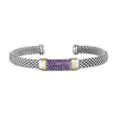 Silver And 18Kt Gold Popcorn Cuff Bracelet With Amethyst