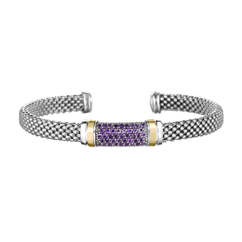 Silver And 18Kt Gold Popcorn Cuff Bracelet With Amethyst