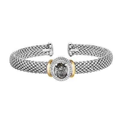 Silver And 18Kt Gold Popcorn Cuff Bracelet With Oval Green Amethyst