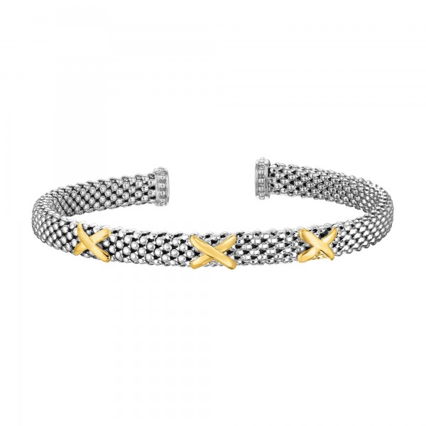 Silver And 14K Gold Textured  Cuff X- Stationed Popcorn Bangle