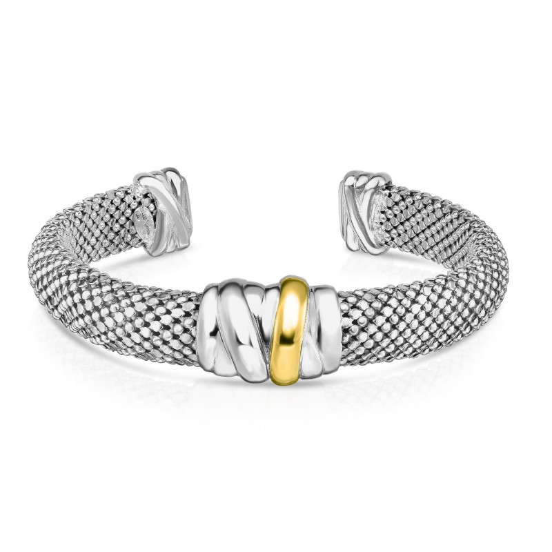 Sterling Silver And 18K Gold Bold Tally Wrap Popcorn Mesh Cuff Bangle