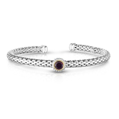 Sterling Silver And 18K Gold Popcorn Cuff Bangle With Round Garnet