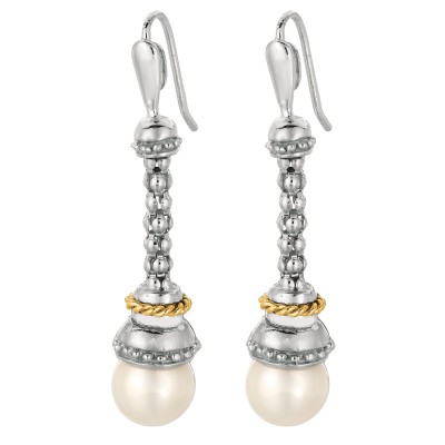 Silver And 18Kt Gold Popcorn Drop Earringsd With Euro Wire Clasp And Ball White Pearl
