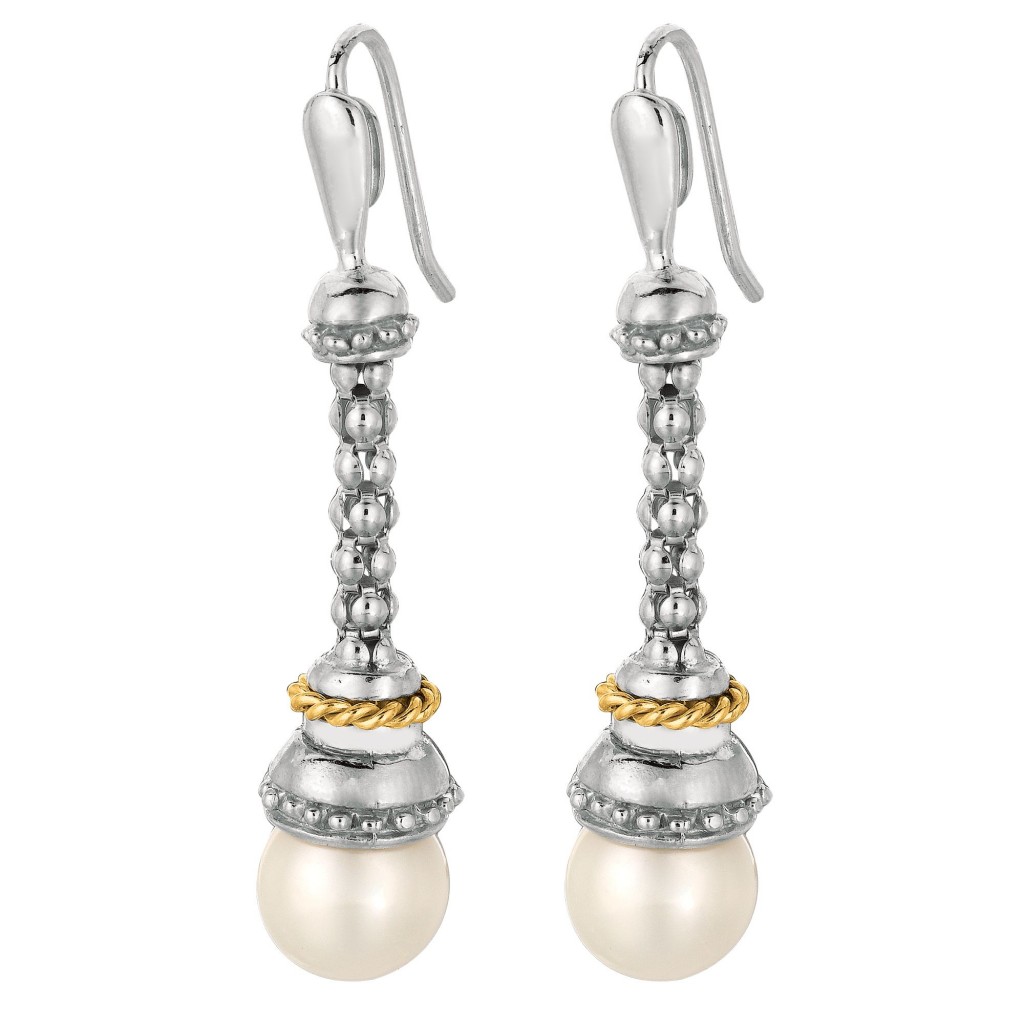 Silver And 18Kt Gold Popcorn Drop Earringsd With Euro Wire Clasp And Ball White Pearl