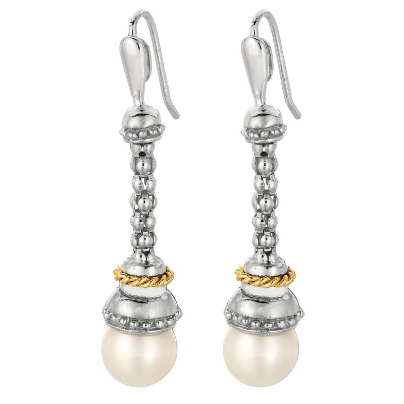Silver And 18Kt Gold Popcorn Drop Earringsd With Euro Wire Clasp And Ball White Pearl