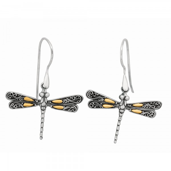 Silver And 18Kt Gold Oxidized Single Dragonfly Earrings