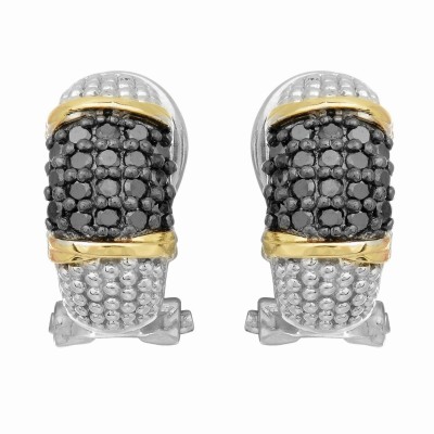 Silver And 18Kt Gold Textured Curve Popcorn Post Earrings With Omega Back Clasp And Black  Diamonds