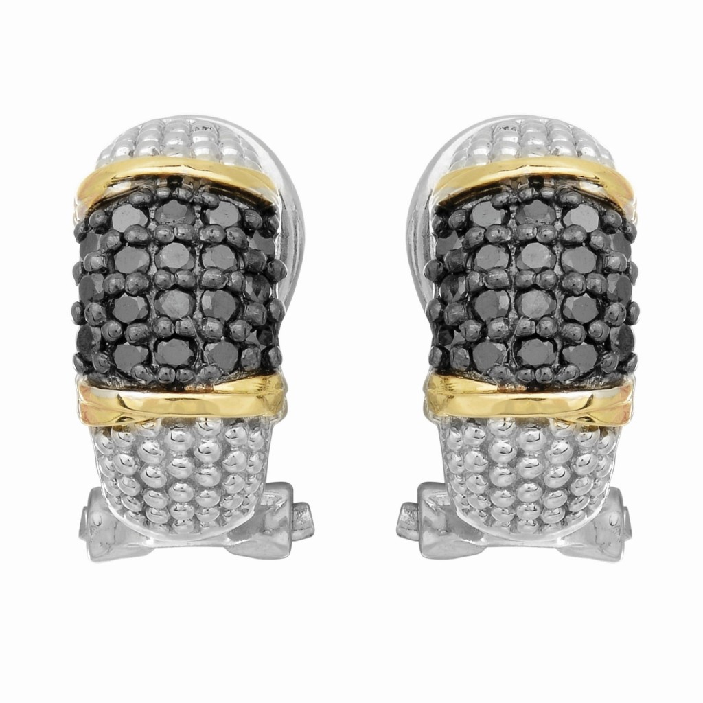 Silver And 18Kt Gold Textured Curve Popcorn Post Earrings With Omega Back Clasp And Black  Diamonds