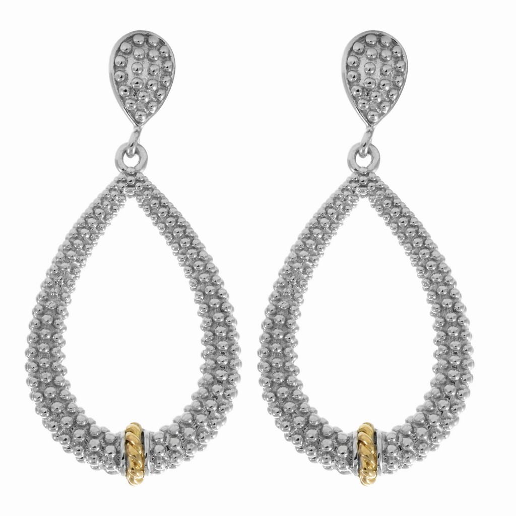 Silver And 18Kt Gold Textured Teardrop Popcorn Earrings With Push Back Clasp