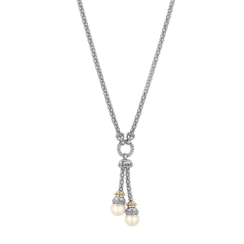 Silver And 18Kt Gold  17In  Popcorn Lariat Necklace With White Pearl