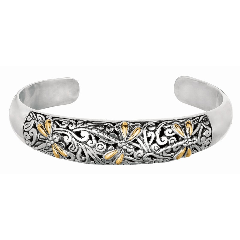 18Kt Gold And  Silver Oxidized Dragonfly Domed Cuff Bangle.