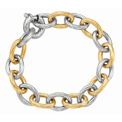 Silver And 18Kt Gold Rhodium Finish Textured Italian Cable Link Bracelet With Giant Spring Ring Clasp