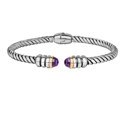 Silver And 18Kt Gold Italian Cable Cuff Bangle With Amethyst