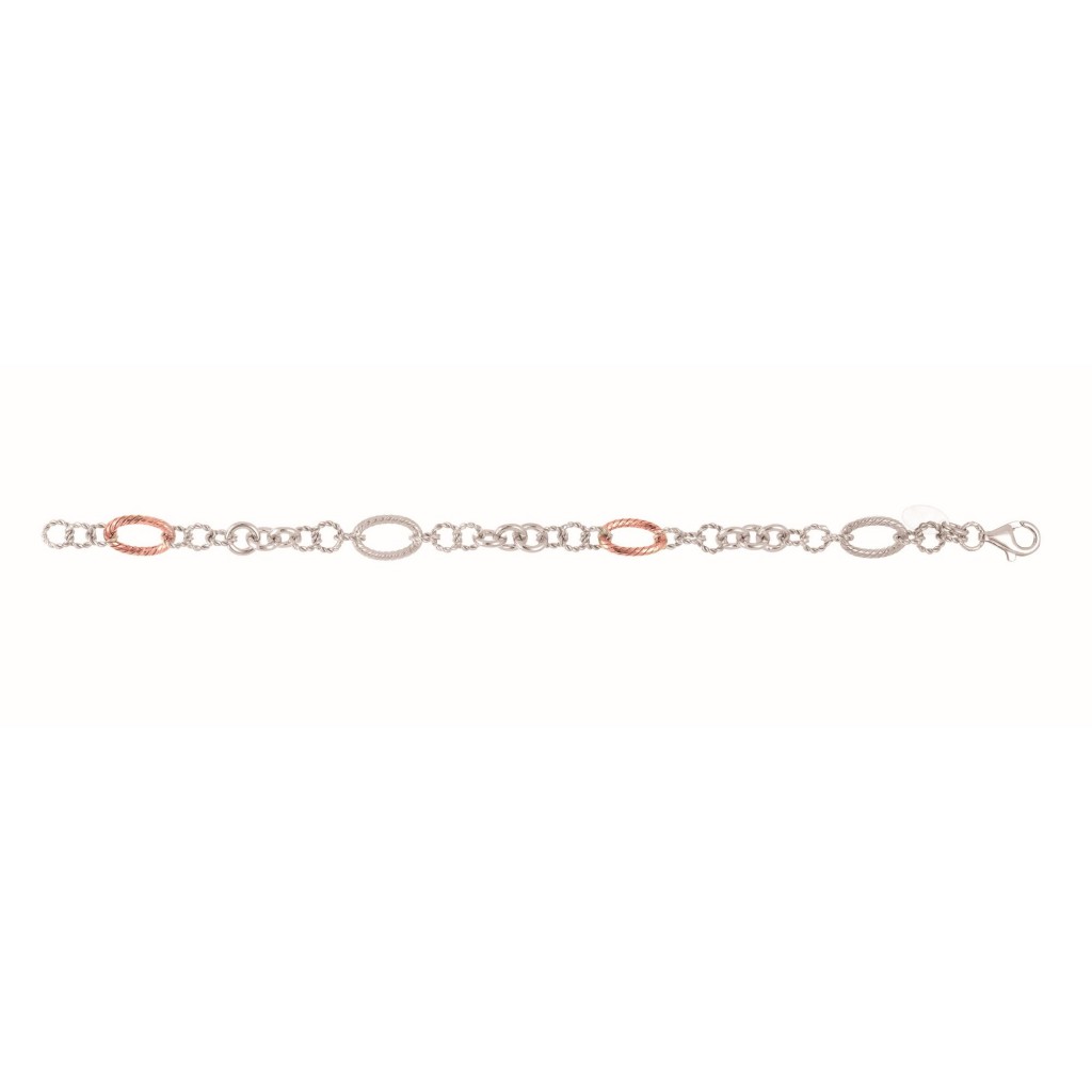 Silver And 18Kt Rose Gold Italian Cable Link Bracelet