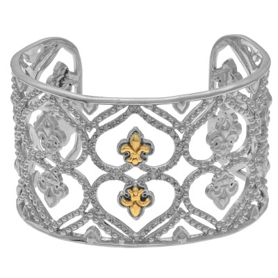 Silver And 18Kt  Gold  Fleur De Lis Pattern Cuff Bangle With .50Ct Diamond