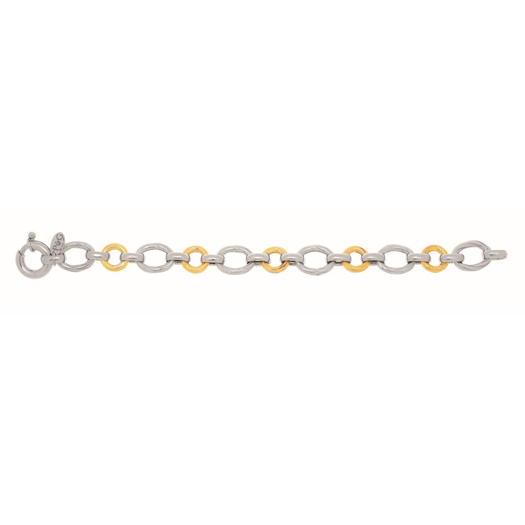 Silver And 18Kt Gold Textured Italian Cable Necklace With Round And Oval Links And Spring Ring Clasp