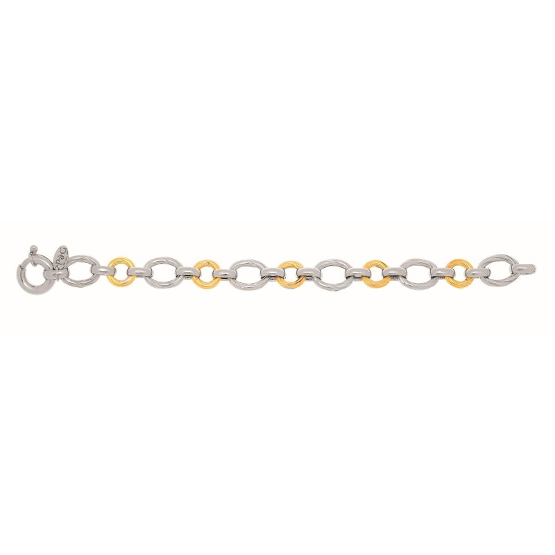 Silver And 18Kt Gold Textured Italian Cable Necklace With Round And Oval Links And Spring Ring Clasp