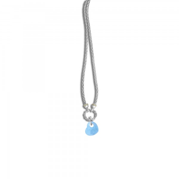 Silver And 18Kt Gold  Popcorn Necklace With Heart-Shapedmilky  Aquamarine Pendant