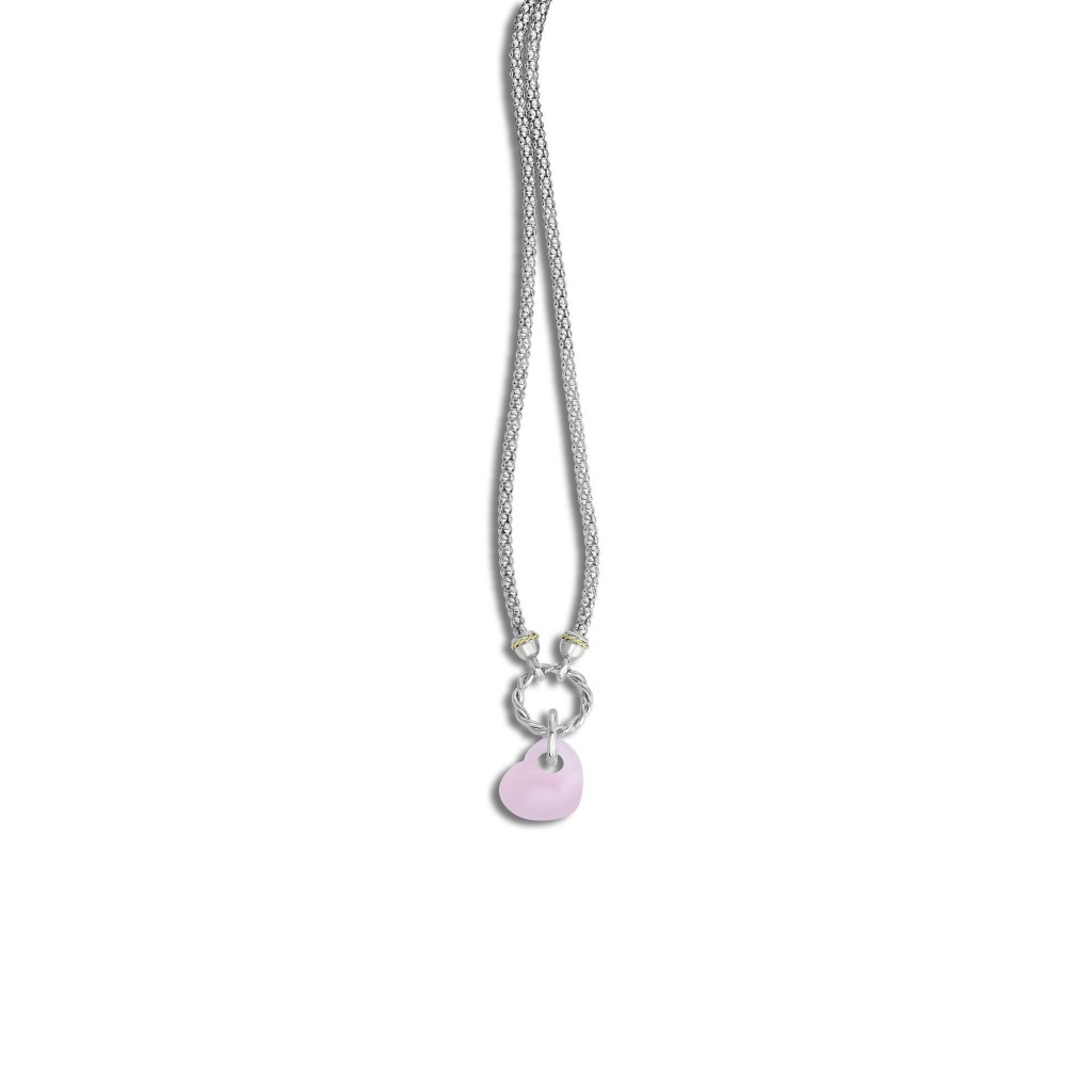 Silver And 18Kt Gold  Popcorn Necklace With Heart-Shapedrose Quartz Pendant
