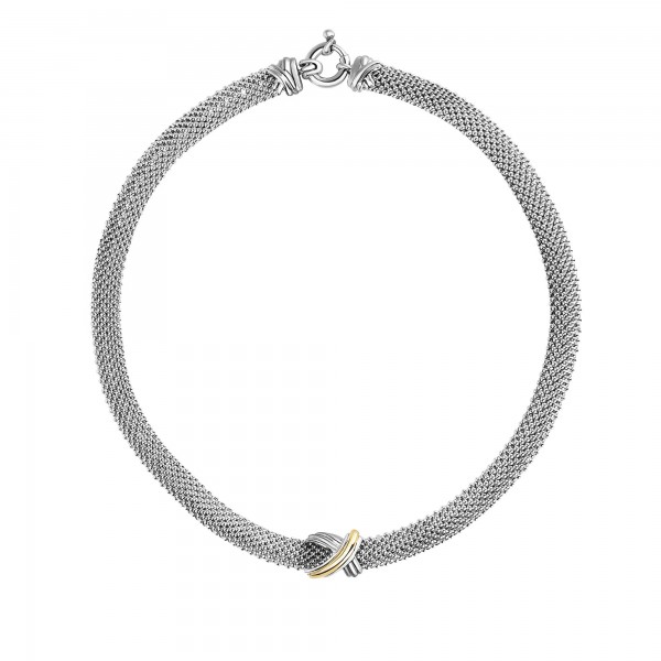 Silver And 18Kt Gold Popcorn Mesh Sculpted X 17In Necklace