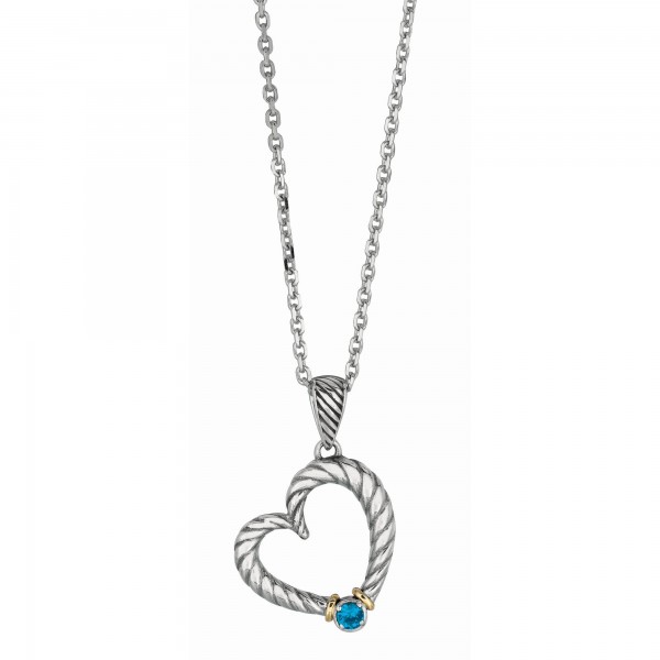 Silver And 18Kt Gold Italian Cable Heart Shaped Necklace With Blue Topaz On 18In Chain