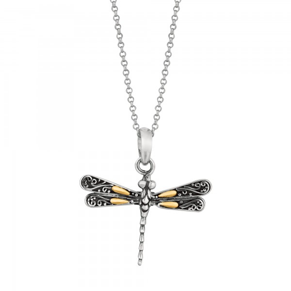 Silver And 18Kt Gold 22X15Mm Single Dragonfly Pendant On 18In Chain
