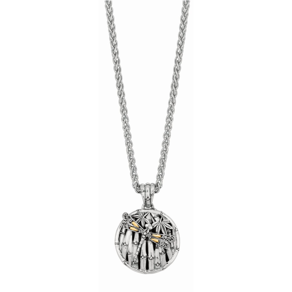Silver And 18Kt Gold  25Mm Round Dragonfly Bamboo Pendant On   18In Chain