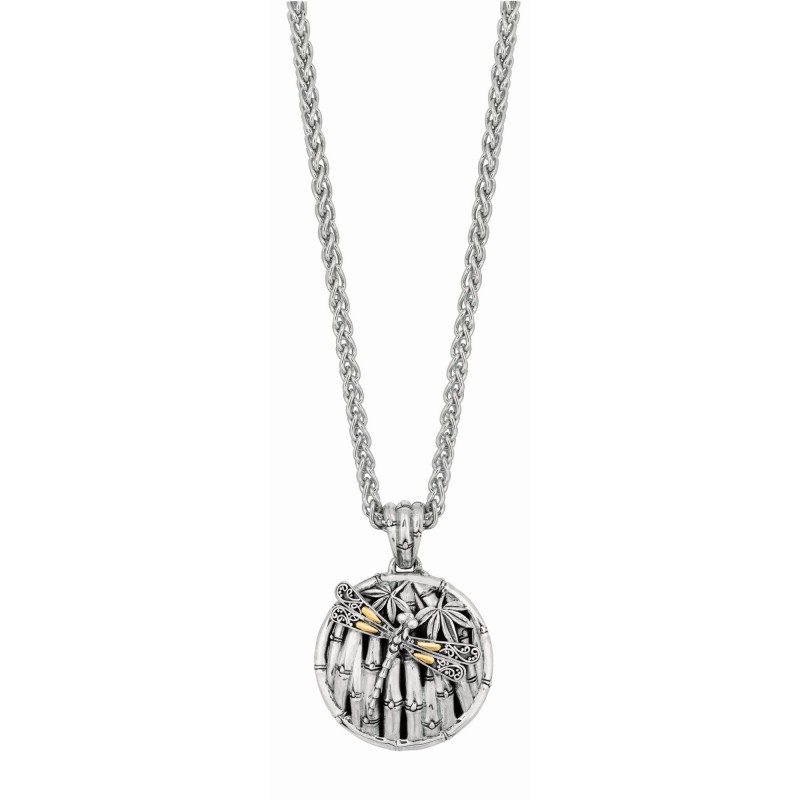 Silver And 18Kt Gold  25Mm Round Dragonfly Bamboo Pendant On   18In Chain