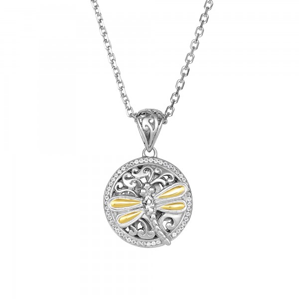 Silver And 18Kt Gold 14Mm Round Dragonfly  Pendant With White Sapphires On 18In Chain