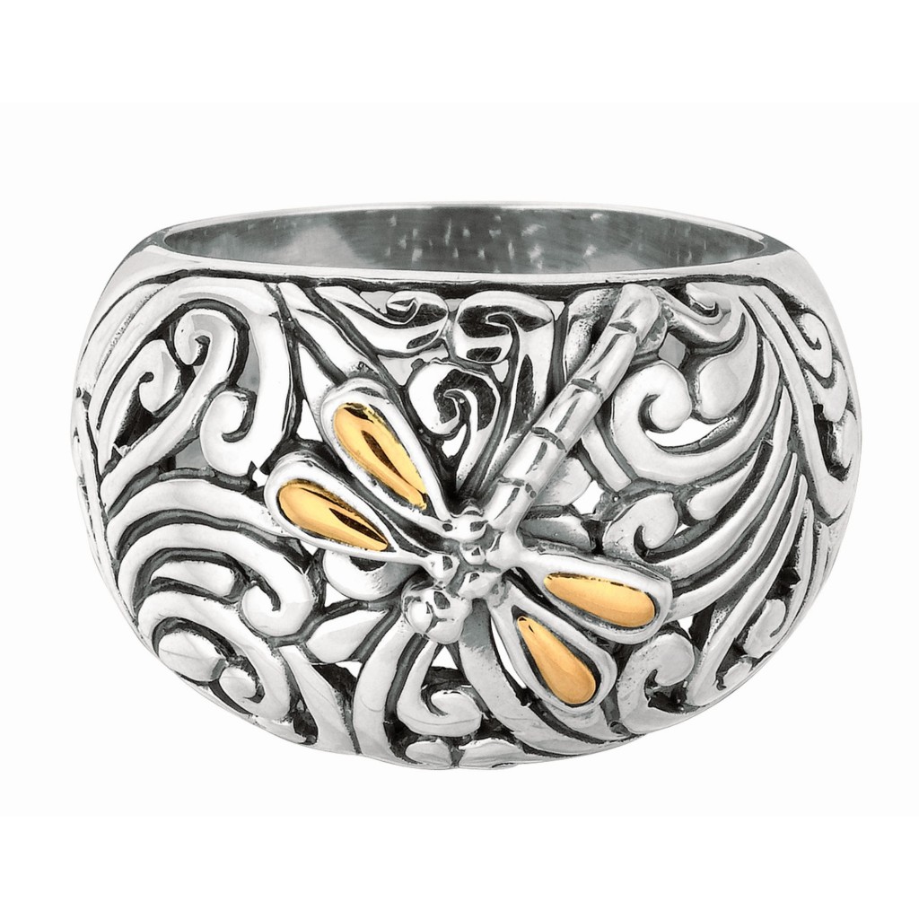 Silver And 18Kt Gold Oxidized Dragonfly  Ring