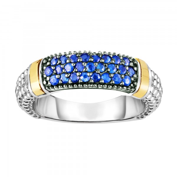 Silver And 18Kt Gold Popcorn Ring With Blue Sapphires