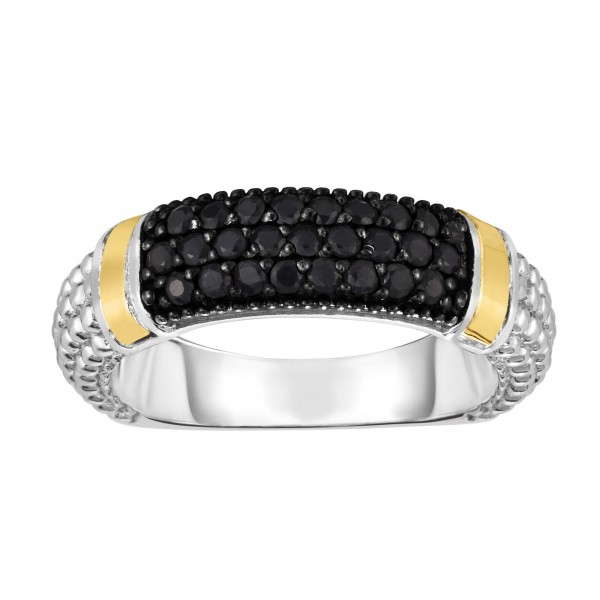 Silver And 18Kt Gold Popcorn Ring With Black Sapphires