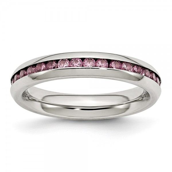 Stainless Steel Polished 4mm June Pink CZ Ring