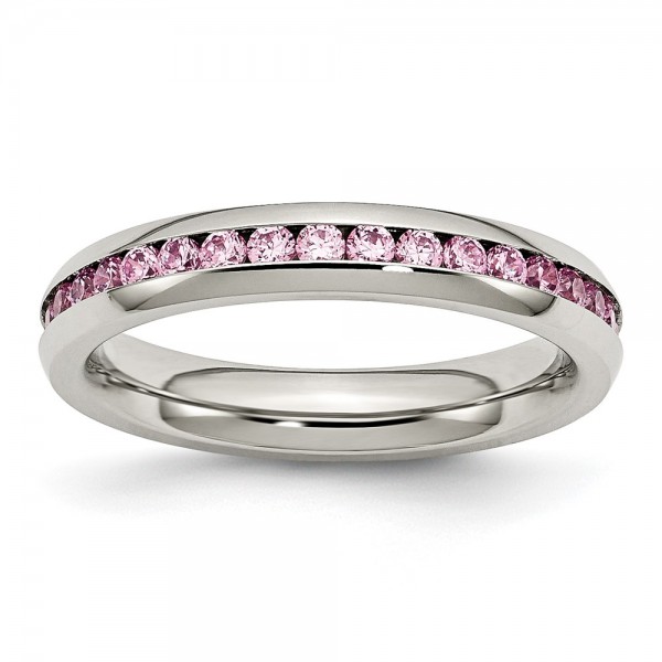 Stainless Steel Polished 4mm October Pink CZ Ring