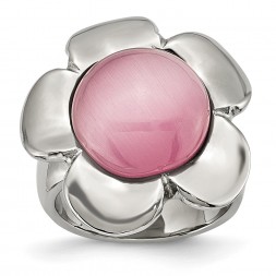 Stainless Steel Polished Pink Cat's Eye Flower Ring