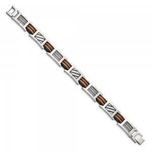 Stainless Steel 8.5in Polished with Cable & Rubber Black & Orange Bracelet