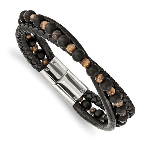 Stainless Steel Polished with Tiger's Eye/Black Agate Leather 8.25in Bracelet