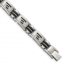 Stainless Steel 8.5in Brushed & Polished Black Rubber Greek Key Bracelet