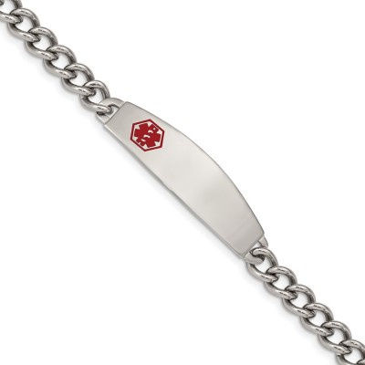 Stainless Steel Polished with Red Enamel 8.5in Medical ID Bracelet