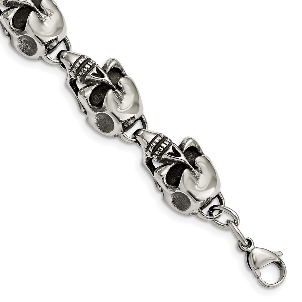 Stainless Steel Antiqued and Polished Skulls 8.5in Bracelet