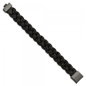 Stainless Steel Polished Black IP-plated Black Leather 8in Bracelet