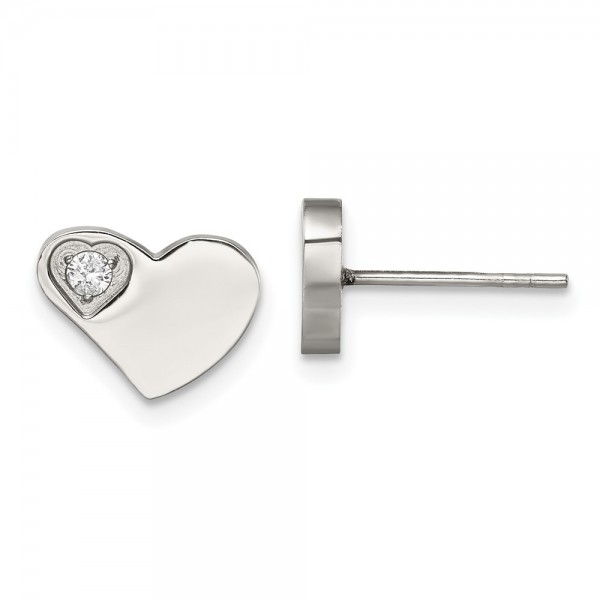 Stainless Steel Polished w/CZ Heart Post Earrings