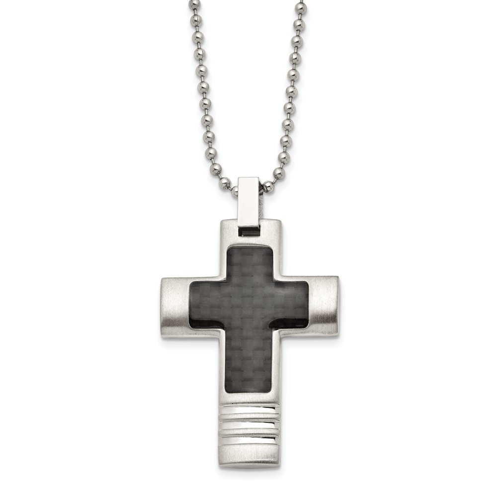 Stainless Steel Brushed & Polished w/Carbon Fiber Inlay Cross Necklace