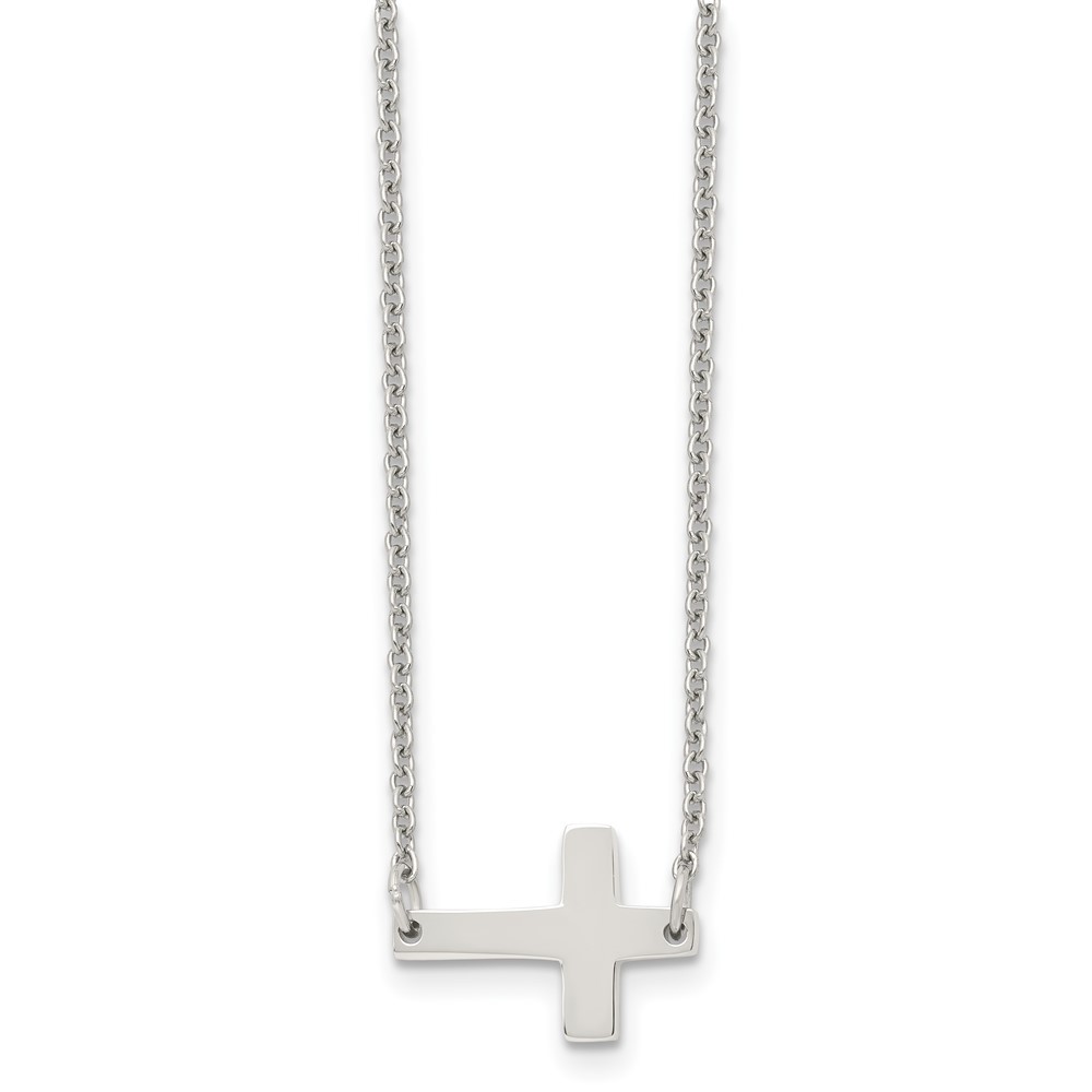Stainless Steel Polished Sideways Cross 16in Necklace