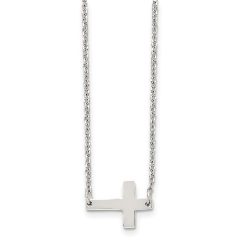 Stainless Steel Polished Sideways Cross 16in Necklace