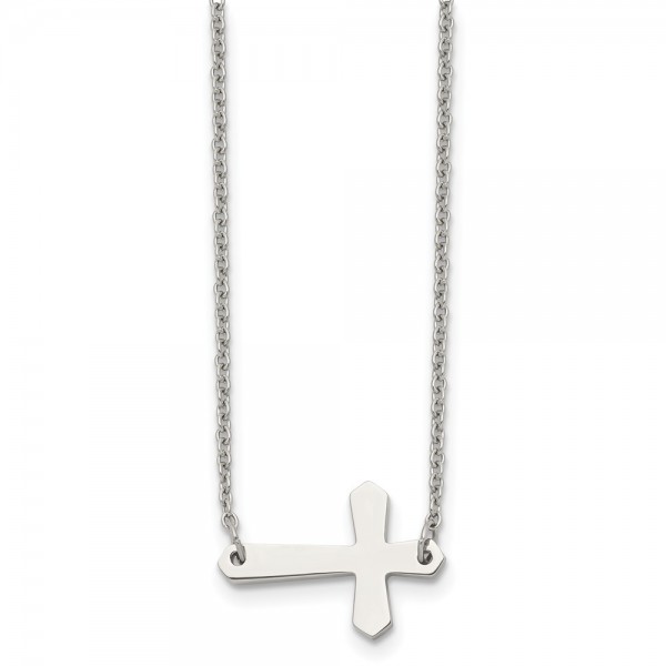 Stainless Steel Polished Sideways Cross 17in Necklace