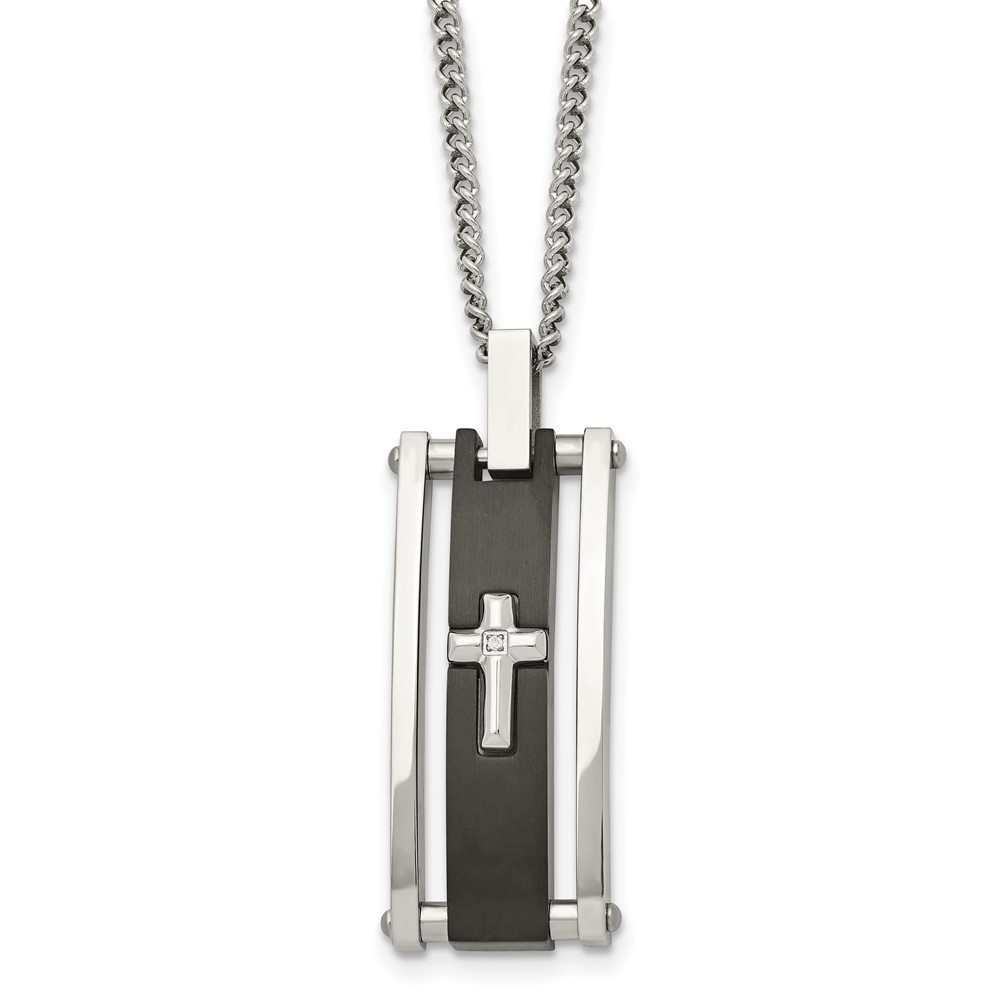 Stainless Steel Polished Black IP-plated w/CZ Cross 22in Necklace