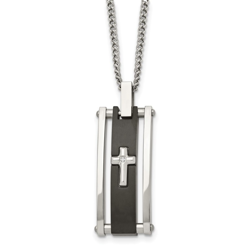 Stainless Steel Polished Black IP-plated w/CZ Cross 22in Necklace